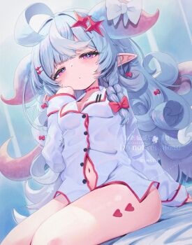 1girl ahoge blue_hair blue_horns blue_pupils bottomless bow braid braided_sidelock breasts choker closed_mouth commentary_request gradient_horns hair_bow hair_ornament hand_up heart heart_hair_ornament heart_tattoo horn_bow horn_ornament horns huge_ahoge leg_tattoo long_hair long_pointy_ears long_sleeves looking_at_viewer multicolored_horns navel original partially_unbuttoned pink_bow pink_choker pink_eyes pink_horns pointy_ears saebashi shirt sitting sleepy small_breasts solo star_(symbol) star_hair_ornament tattoo two-tone_horns very_long_hair watermark white_bow white_shirt