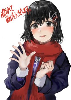 1girl 73suke absurdres black_coat black_hair blush breasts brown_eyes coat haguro_(kancolle) haguro_kai_ni_(kancolle) hair_ornament highres jacket kantai_collection long_sleeves looking_at_another looking_at_viewer military_uniform open_mouth purple_jacket red_scarf scarf short_hair smile solo upper_body
