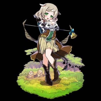 1girl animal animal_ears animal_print arms_behind_back bare_shoulders bell black_background blush boots bow_(weapon) breasts brown_boots brown_hair brown_skirt bursting_breasts cleavage cow_ears cow_girl cow_print cow_tail finette_(merc_storia) full_body green_eyes hand_on_own_cheek hand_on_own_face head_tilt highres holding holding_bow_(weapon) holding_weapon large_breasts merc_storia merc_storia_art_team mole_(animal) off-shoulder_shirt off_shoulder official_art open_mouth pleated_skirt quiver shirt simple_background skirt smile solo standing tachi-e tail tareme tree underbust weapon