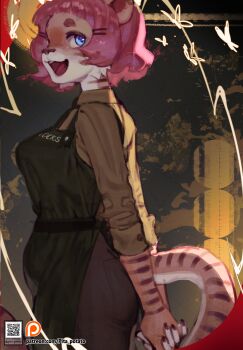 1girl :d animal_ears apron black_nails black_pants blue_eyes brown_shirt bug butterfly commentary english_commentary furry furry_female green_apron highres insect interlocked_fingers leopard_ears leopard_girl leopard_tail long_sleeves looking_at_viewer looking_to_the_side nail_polish open_mouth original pants pink_hair pita-potato shirt short_hair smile solo tail