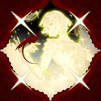 1girl absurdres blonde_hair body_fur dragon dungeon_meshi falin_touden feathers highres looking_at_animal monster_girl parted_lips short_hair slit_pupils solo sparkle square yellow_eyes yi_zheng_zhi_niao