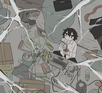 1boy absurdres avogado6 bag bags_under_eyes bed beer_can black_eyes black_hair black_pants bottle box breaking broken_glass can cardboard_box cellphone chopsticks closed_mouth comb commentary_request computer instant_cup_noodles drink_can fourth_wall glass hair_between_eyes highres holding holding_chopsticks indoors instant_cup_noodles instant_noodles laptop laundry looking_up male_focus messy_room original pants phone plastic_bag shirt sitting smartphone solo static trash_can water_bottle white_shirt