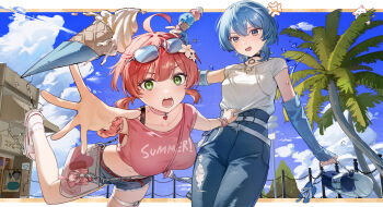 Rule 34 | 2girls, absurdres, accident, ahoge, bag, black choker, blue eyes, blue hair, blush, chinese commentary, choker, commentary request, denim, denim shorts, eyewear on head, falling, flower, food, green eyes, hair between eyes, hair flower, hair ornament, highres, holding, holding ice cream cone, hololive, hoshimachi suisei, hoshimachi suisei (holonatsu paradise), ice cream, ice cream cone, long sleeves, looking at viewer, medium hair, midriff, multiple girls, navel, oeuia, official alternate costume, open mouth, outdoors, palm tree, pants, pink hair, pink shirt, sakura miko, sakura miko (holonatsu paradise), shirt, shorts, shoulder bag, smile, standing, star (symbol), star in eye, sunglasses, symbol in eye, thigh strap, tied shirt, torn clothes, tree, twintails, virtual youtuber, water drop, white flower