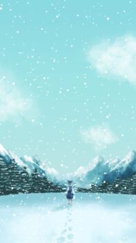 1girl blue_bow blue_dress blue_hair blue_sky bow cirno cloud commentary_request day detached_wings dress facing_away footprints hair_bow highres ice ice_wings mountainous_horizon nanahana_nanana outdoors sky snow snowing solo touhou tree walking wings