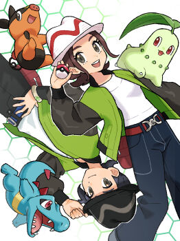 1boy 1girl absurdres belt black_hair black_hat black_pants blue_belt bracelet brown_belt brown_hair chikorita closed_mouth gen_2_pokemon gen_5_pokemon green_jacket hand_up happy harmony_(pokemon) hat highres holding holding_poke_ball jacket jewelry long_sleeves looking_at_viewer minato_(mntnm) nintendo open_clothes open_jacket open_mouth pants paxton_(pokemon) poke_ball poke_ball_(basic) pokemon pokemon_(creature) pokemon_legends:_z-a shirt sidelocks smile teeth tepig totodile upper_teeth_only white_hat white_shirt