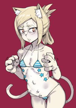 1girl animal_ears bare_arms bare_shoulders bikini blue_bikini brown_eyes cat_ears cat_tail closed_mouth collarbone commentary_request cowboy_shot flat_chest folded_ponytail frown furry furry_female glasses gluteal_fold highres hitoner looking_at_viewer micro_bikini multicolored_bikini red_background round_eyewear short_hair simple_background solo striped_bikini striped_clothes swimsuit tail tonerico two-tone_bikini yamada_shiguma