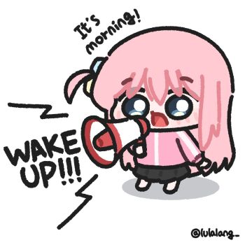 1girl black_skirt blue_eyes bocchi_the_rock! chibi chibi_only commentary english_text full_body gotoh_hitori highres holding holding_megaphone jacket long_hair looking_at_viewer lulalang megaphone one_side_up open_mouth pink_hair pink_jacket simple_background skirt solo standing symbol-only_commentary talking white_background