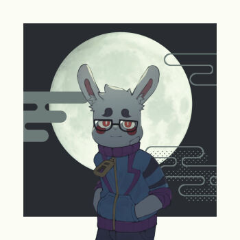 1boy batten_xxxx blue_jacket border bright_pupils closed_mouth egasumi full_moon furry furry_male glasses hands_in_pockets hashtag-only_commentary jacket long_sleeves looking_at_viewer male_focus moon moon_behind_head rabbit_boy red_eyes sleeves_rolled_up smile solo white_border white_pupils yamanashi_mitsuki yamanashi_mitsuki_(character) zipper_pull_tab