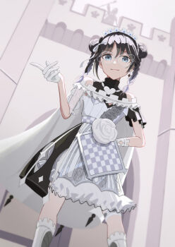 Rule 34 | 1girl, :3, bare shoulders, black hair, blue eyes, boots, braid, cape, castle, chess piece, commentary request, double bun, dress, flower, glasses, gloves, hair bun, hand on own hip, highres, idolmaster, idolmaster shiny colors, looking at viewer, mitsumine yuika, reg4lun, rook (chess), rose, smug, solo, solo focus, twin braids, two-tone dress, white boots, white cape, white flower, white gloves, white rose