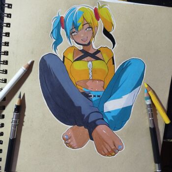 1girl :d ashwin_artss barefoot belt blonde_hair blue_hair blue_pants breasts canari_(pokemon) cleavage crossed_ankles eyelashes feet hair_ornament highres hood hood_down jacket knees_up looking_at_viewer medium_breasts midriff multicolored_hair nail_polish navel nintendo open_clothes open_jacket open_mouth outline pants pencil photoshop_(medium) pokemon pokemon_legends:_z-a purple_eyes sitting smile solo tan tanline toenail_polish toenails toes traditional_media twintails two-tone_hair two-tone_pants white_outline