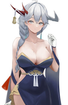 1girl absurdres asymmetrical_horns azur_lane bare_shoulders breasts cleavage commentary cowboy_shot earrings english_commentary gloves grey_hair hair_on_horn hakuryuu_(azur_lane) hakuryuu_(flash_of_silk_and_strings)_(azur_lane) highres horn_bell horns japanese_clothes jewelry kimono large_breasts long_hair looking_at_viewer mole mole_on_breast obniermarbiss official_alternate_costume purple_kimono red_horns simple_background solo tassel tassel_earrings white_background white_eyes white_gloves white_horns