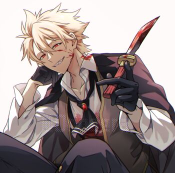 Rule 34 | 0nodera, 1boy, ascot, black ascot, black cape, black gloves, blonde hair, blood, blood on face, cape, collared shirt, commentary request, fate/grand order, fate (series), gloves, grey pants, grey vest, hair between eyes, holding, holding knife, jekyll and hyde (fate), knife, long sleeves, looking at viewer, male focus, pants, red eyes, sharp teeth, shirt, simple background, solo, teeth, vest, white background, white shirt