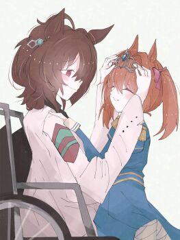 2girls affectionate aged_down agnes_tachyon_(tach-nology)_(umamusume) agnes_tachyon_(umamusume) ahoge animal_ears artist_request brown_hair closed_eyes commentary daiwa_scarlet_(umamusume) english_commentary hair_between_eyes highres horse_ears horse_girl lab_coat long_hair long_sleeves looking_at_another medium_hair multiple_girls official_alternate_costume red_eyes simple_background sitting sleeves_past_wrists smile tiara twintails umamusume wheelchair white_background