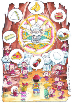 1girl 3boys akahanadragon back_bow backpack bag banana barefoot baseball_bat baseball_cap basket beard blonde_hair bow burger cave_interior dress egg facial_hair food formal_clothes fruit full_body hair_bow hat highres jeff_andonuts monkey mother_(series) mother_2 multiple_boys mushroom ness_(mother_2) nintendo onigiri open_mouth paula_(mother_2) pizza ruler sandwich shirt shoes shorts smile sneakers speech_bubble statue striped_clothes striped_shirt suit talah_rama_(mother_2) turban