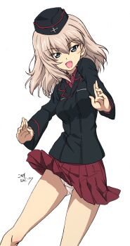 Rule 34 | 1girl, absurdres, blonde hair, blue eyes, breasts, erakin, girls und panzer, hat, highres, itsumi erika, kuromorimine military uniform, looking at viewer, military hat, military uniform, miniskirt, open mouth, panties, pleated skirt, red skirt, signature, simple background, skirt, small breasts, smile, solo, underwear, white background, white panties