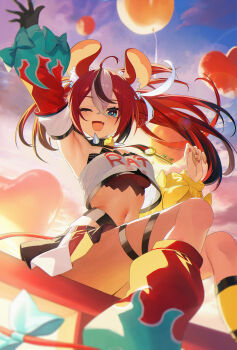 Rule 34 | 1girl, absurdres, ahoge, animal ears, balloon, blue eyes, bow, breasts, chinese commentary, collar, commentary, detached sleeves, fang, gloves, hakos baelz, hakos baelz (1st costume), highres, hololive, hololive english, jiang ye kiri, key, medium breasts, midriff, mouse ears, mouse tail, multicolored hair, navel, one eye closed, red hair, single glove, sitting, spiked collar, spikes, streaked hair, tail, tail bow, tail ornament, twilight, twintails, uneven twintails, virtual youtuber