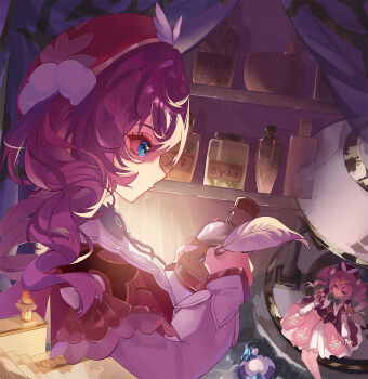 1girl aqua_eyes barefoot beret bottle closed_mouth commentary_request dress drill_hair full_body hair_between_eyes hat highres holding holding_bottle honkai:_star_rail honkai_(series) hyacine_(honkai:_star_rail) long_hair long_sleeves multiple_views nanjonyanya pink_hair profile puffy_long_sleeves puffy_sleeves red_dress red_hat sitting smile twin_drills upper_body water white_sleeves