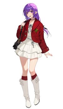 1girl absurdres bag black_bag black_choker boots choker dress esil_radiru full_body heart heart_choker highres jacket knee_boots long_hair looking_at_viewer official_alternate_costume official_art open_clothes open_jacket open_mouth pointy_ears purple_eyes purple_hair red_jacket shoulder_bag simple_background solo solo_leveling solo_leveling:_arise teeth upper_teeth_only white_background white_boots white_dress