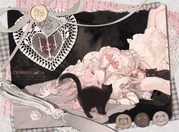 Rule 34 | 1girl, absurdres, arms up, belt, black cat, breast strap, breasts, cat, cleavage, commentary, commission, cross, dated, dress, feet out of frame, flower, frilled dress, frills, grey eyes, hair flower, hair ornament, hair spread out, head chain, highres, jewelry, knife, large breasts, limogoat11, long hair, lying, multiple cats, on back, original, painting (object), parted lips, pink dress, pink hair, postage stamp, postcard, red ribbon, ribbon, ribbon between breasts, sidelocks, solo, spiked belt, wax seal