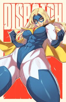 1girl abs blonde_blazer blonde_hair blue_eyes blue_gloves blue_mask breasts cape cropped_legs dispatch domino_mask eye_mask gloves hair_intakes highres large_breasts long_hair looking_at_viewer mask muscular muscular_female orouu skin_tight smile solo standing superhero_costume text_background
