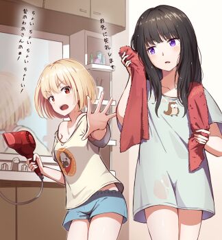 2girls alternate_costume alternate_hairstyle animal_print aqua_shirt bare_shoulders bathroom black_hair blonde_hair blue_shorts blush bob_cut breasts bright_pupils collarbone commentary cowboy_shot dog_print hair_down hair_dryer hair_ribbon highres holding holding_hair_dryer hyoe_(hachiechi) indoors inoue_takina long_hair looking_at_another lycoris_recoil medium_breasts mirror multiple_girls nishikigi_chisato open_mouth outstretched_arm outstretched_hand owl_print print_shirt purple_eyes red_eyes red_ribbon reflection ribbon see-through_clothes see-through_shirt shirt short_hair short_shorts short_sleeves shorts towel towel_around_neck translated wet wet_hair white_pupils white_shirt