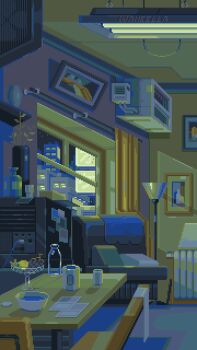 absurdly_detailed_composition air_conditioner air_duct animated animated_gif awning blinking_lights bookshelf bowl chair city cityscape couch flickering food fruit highres indoors lamp loaded_interior night no_humans original photo_(object) pixel_art plant potted_plant radiator rain scenery table vending_machine waneella water