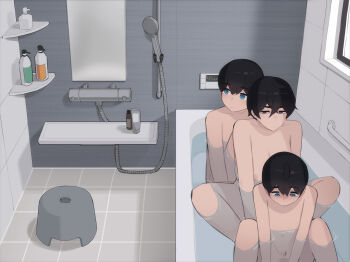 1girl 2boys age_difference akiyama_toru_(pepper0) akiyama_yuto_(pepper0) aunt_and_nephew bath bathroom black_hair blue_eyes breasts brothers completely_nude highres incest indoors large_breasts miyamoto_chihiro_(pepper0) multiple_boys nipples nude onee-shota original partially_submerged pepper0 short_hair shota shower_head siblings sitting wet