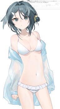 1girl arknights bare_shoulders bikini bikini_under_clothes black_hair blue_eyes blue_jacket breasts closed_mouth collarbone commentary_request frilled_bikini frills fumi_(rdbm) hair_between_eyes hair_bun hair_intakes highres jacket la_pluma_(arknights) la_pluma_(summer_flowers)_(arknights) long_sleeves looking_at_viewer medium_breasts navel off_shoulder open_clothes open_jacket puffy_long_sleeves puffy_sleeves request_inset simple_background single_side_bun sleeves_past_wrists solo standing swimsuit translation_request white_background white_bikini