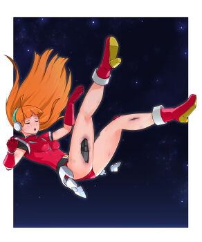 Rule 34 | 1girl, absurdres, altiana, blunt bangs, boots, breasts, commentary request, cyborg, defeat, falling, gloves, highres, injury, leotard, long hair, mechabare, medium breasts, orange hair, red boots, red gloves, red leotard, solo, space, space hunter, tuzi717