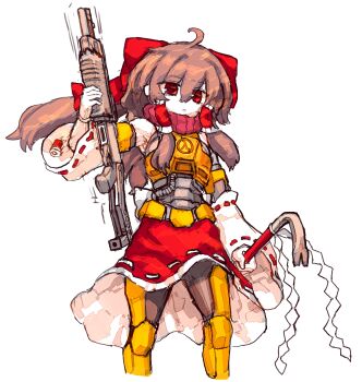 Rule 34 | 1girl, ahoge, alternate costume, armor, bow, brown hair, closed mouth, commentary, crowbar, frilled hair tubes, frills, gun, hair bow, hair tubes, hakurei reimu, half-life (series), highres, holding, holding crowbar, holding gun, holding weapon, korean commentary, long hair, looking at viewer, orange armor, power armor, rampa93, red bow, red eyes, shell casing, shotgun, simple background, solo, touhou, weapon, white background