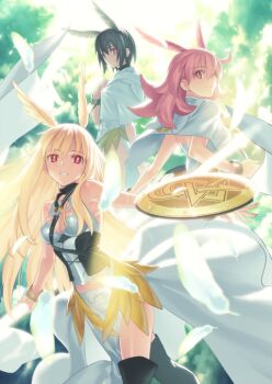 3girls bangle black_boots black_corset black_hair blonde_hair boots bracelet breasts bright_pupils capelet cleavage closed_mouth clothing_cutout corset cutout_below_navel fate/grand_order fate_(series) feathers glowing glowing_weapon green_background hair_between_eyes hair_wings hildr_(fate) holding holding_polearm holding_shield holding_weapon hood hood_down hooded_capelet jewelry leotard long_hair long_sidelocks looking_at_viewer looking_back medium_breasts multiple_girls official_art ortlinde_(fate) parted_lips pelvic_curtain pink_hair polearm red_eyes shield sidelocks smile strapless strapless_leotard takeuchi_takashi teeth thigh_boots third-party_source thrud_(fate) valkyrie_(fate) variant_set very_long_hair weapon white_capelet white_leotard white_pupils