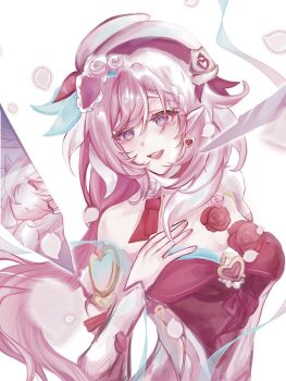Rule 34 | 1girl, absurdres, beret, breasts, chinese commentary, commentary request, diamond-shaped pupils, diamond (shape), dress, earrings, elf, elysia (hi love elf) (honkai impact), elysia (honkai impact), falling petals, hand on own chest, hat, heart, heart earrings, highres, honkai (series), honkai impact 3rd, jewelry, large breasts, long hair, looking at viewer, multicolored hair, petals, pink hair, pointy ears, purple eyes, red dress, simple background, smile, solo, symbol-shaped pupils, two-tone hair, very long hair, white background, white hair, xuji yu rain