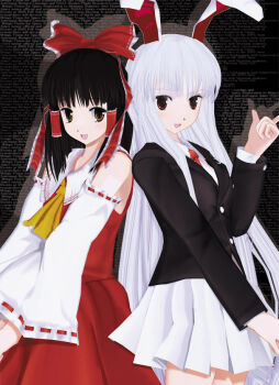 2girls 3d :d animal_ears arm_up ascot back-to-back bare_shoulders black_hair blazer bow breasts brown_eyes capelet dress_shirt enjou_yukito female_focus hair_bow hakurei_reimu jacket large_bow looking_at_viewer medium_breasts miniskirt multiple_girls necktie open_mouth own_hands_together pink_hair pleated_skirt pointing rabbit_ears red_eyes reisen_udongein_inaba shirt skirt skirt_set smile text_focus touhou vest