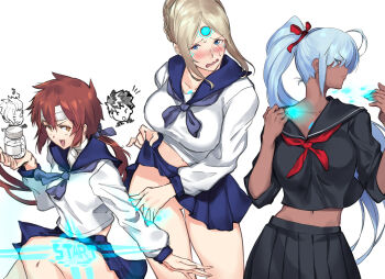 2boys 3girls :d agate_(xenoblade) antenna_hair black_serafuku black_shirt black_skirt blonde_hair blue_hair blue_neckerchief blue_skirt blush bow breasts brown_eyes brown_hair character_request check_character chest_jewel dark-skinned_female dark_skin forehead_jewel glowing hair_bow highres large_breasts long_hair long_sleeves looking_at_viewer lora_(xenoblade) medium_breasts midriff multiple_boys multiple_girls navel neckerchief negresco no_panties open_mouth perun_(xenoblade) ponytail red_bow red_neckerchief rex_(xenoblade) sailor_collar school_uniform serafuku shirt simple_background skirt smile white_background white_shirt xenoblade_chronicles_(series) xenoblade_chronicles_2 xenoblade_chronicles_2:_torna_-_the_golden_country