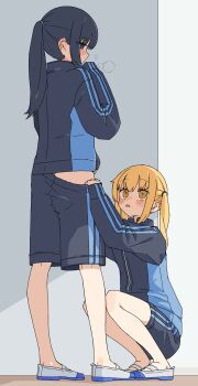 2girls absurdres ass black_hair blonde_hair blue_eyes blue_jacket blue_shorts blush clothes_pull commentary_request highres jacket kopaka_(karda_nui) multiple_girls original parted_lips ponytail pulling_another's_clothes shoes shorts shorts_pull squatting standing track_jacket twintails white_shoes yellow_eyes yuri