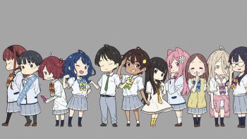 1boy 6+girls ahoge asagumo_chihaya basori_tiara blonde_hair blue_bow blue_bowtie blue_hair bow bowtie braid brown_hair closed_eyes finger_to_mouth flower food-themed_hair_ornament frown grey_skirt hair_flower hair_intakes hair_ornament himemiya_karen houkobaru_hibari imigimuru komari_chika lemon_hair_ornament long_hair make_heroine_ga_oo_sugiru! medium_hair multiple_girls nukumizu_kaju official_art pink_hair purple_hair red_hair school_uniform shikiya_yumeko short_hair shushing skirt smile tan tsukinoki_koto tsuwabuki_high_school_uniform yakishio_lemon yanami_anna yellow_bow yellow_bowtie