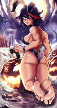 1girl absurdres angry animal_ears ass back bare_shoulders barefoot black_hair black_leotard blue_eyes breasts closed_mouth fake_animal_ears fake_tail feet from_behind full_body full_moon halloween highres jack-o&#039;-lantern kill_la_kill kneeling leotard looking_back matoi_ryuuko medium_breasts moon multicolored_hair night night_sky outdoors playboy_bunny rabbit_ears red_hair reliusmax short_hair sky soles solo tail toes two-tone_hair wristband