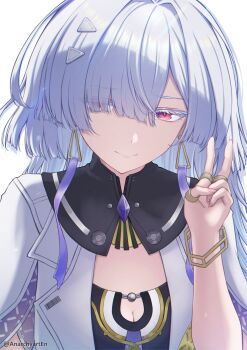 Rule 34 | 1girl, anarchyart, breasts, cleavage, colored eyelashes, commentary request, earrings, eyes visible through hair, fingernails, grey hair, hair over one eye, hand up, highres, jacket, jewelry, long hair, mornye (wuthering waves), paid reward available, partial commentary, red eyes, simple background, small breasts, solo, triangle earrings, twitter username, upper body, v, white background, white jacket, wuthering waves