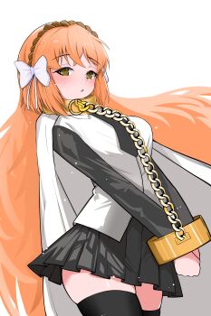 1girl absurdres ayamiya black_skirt black_sleeves black_thighhighs bow brown_hairband collar cuffs cuffs-to-collar hair_bow hairband highres index_(identity)_(project_moon) ishmael_(project_moon) limbus_company long_hair looking_at_viewer orange_hair parted_lips pleated_skirt project_moon rope shirt sidelocks simple_background skirt solo thighhighs very_long_hair white_background white_bow white_shirt zettai_ryouiki