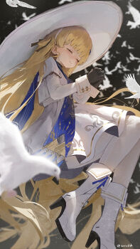 1girl bird black_gloves blonde_hair blue_sash boots closed_eyes closed_mouth commentary from_side gloves hat high_heel_boots high_heels highres long_hair long_sleeves own_hands_clasped own_hands_together pantyhose phoebe_(wuthering_waves) sash shirt skirt solo twitter_username very_long_hair white_bird white_boots white_hat white_pantyhose white_shirt white_skirt wuthering_waves zeradok