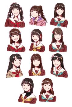 6+girls animification aqua_neckerchief black_hair black_ribbon bob_cut brown_cardigan brown_hair cardigan clothing_cutout commentary flower flower_knot hair_flower hair_ornament hair_ribbon half_updo hanamiya_nina hasu_no_sora_school_uniform hayama_fuka highres hood hood_down hooded_jacket jacket kan_kanna kurusu_rin link!_like!_love_live! long_hair love_live! medium_hair miyake_miu mizoe multi-tied_hair multiple_girls neckerchief nirei_nozomi nonaka_kokona open_cardigan open_clothes open_jacket pink_jacket pink_ribbon ponytail rabbit_hair_ornament real_life red_flower red_neckerchief ribbon sailor_collar sakurai_hina sasaki_kotoko school_uniform shindou_amane short_hair shoulder_cutout symbol-only_commentary tassel tassel_hair_ornament tsukine_kona twintails voice_actor white_flower white_sailor_collar winter_uniform yellow_neckerchief