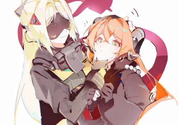 2girls ammunition asymmetrical_gloves black_horns black_jacket blindfold_mask blonde_hair blush camouflage camouflage_jacket coloki covered_eyes dragon_girl dragon_horns fingerless_gloves gloves glowing_mask green_eyes hair_ornament hand_on_another&#039;s_chin hand_on_another&#039;s_head hat highres horns jacket mask mechanical_horns mechanical_tail mismatched_gloves multiple_girls orange_hair orange_pupils orphie_magnusson ponytail single_fingerless_glove tail triangle_hair_ornament trigger_(zenless_zone_zero) white_background zenless_zone_zero zipping