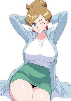 1girl absurdres aqua_eyes arms_up breasts brown_hair chelsea_cola_v curvy earrings green_skirt high_ponytail highres jewelry lab_coat large_breasts looking_at_viewer mature_female miniskirt nintendo one_eye_closed pencil_skirt pokemon pokemon_bw ponytail professor_juniper shirt simple_background sitting skirt solo thighs white_background white_shirt