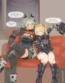 2girls absurdres ahoge blonde_hair blush boots breasts caesar_king_(zenless_zone_zero) closed_eyes coat couch crossed_arms crossed_legs english_text gloves green_hair hair_ornament hat helmet highres jacket large_breasts luciana_de_montefio multiple_girls on_couch one_eye_closed shorts side_ponytail sitting sleeping sleepy smile speech_bubble suspenders teeth xy_424 zenless_zone_zero