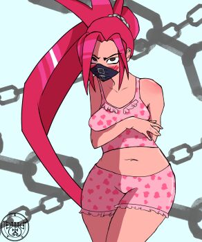 Rule 34 | 1girl, angry, aqua background, arm behind back, arm under breasts, armpits, artist logo, artist request, blush, bodysuit, boyshort panties, breast press, breasts, camisole, capcom, chain, collarbone, delinquent, embarrassed, female focus, gloves, heart, heart print, highres, zaki (justice gakuen), humiliation, justice gakuen, legs, legs together, logo, long hair, looking at viewer, looking up, mask, matching underwear, medium breasts, midriff, moero! justice gakuen, mouth mask, navel, neck, panties, parted bangs, pink camisole, pink panties, ponytail, purple eyes, red hair, sidelocks, standing, thighs, torn bodysuit, torn clothes, tsundere, underwear, underwear only, unworn gloves, very long hair, wardrobe malfunction, wide hips