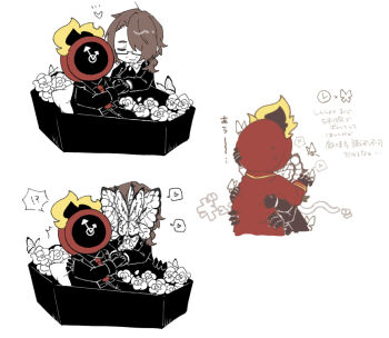 ! !? 1boy 1other ? ^^^ absurdres alternate_costume ascot beard_stubble black-framed_eyewear black-framed_glasses black_ascot black_butterfly black_coat black_fire black_gloves black_pants black_suit black_vest brown_hair bug butterfly butterfly_on_arm butterfly_on_face butterfly_on_hand chibi chibi_only clock closed_eyes closed_mouth coat coffin collared_shirt comic dante_(limbus_company) dress_shirt e.g.o_(project_moon) extra_arms facial_hair fire flower formal_clothes from_behind from_side glasses gloves gregor_(project_moon) hair_intakes hair_over_one_eye hair_over_shoulder happy heart highres holding holding_hands hug implied_kiss insect insect_wings kiss lapels legs_together light_smile lily26983455 limbus_company liu_association_south_uniform long_coat long_hair long_sleeves looking_at_another low_ponytail male_focus necktie notched_lapels object_head official_alternate_costume one_eye_covered open_clothes open_coat pants parted_bangs pillow ponytail project_moon rectangular_eyewear red_coat red_necktie semi-rimless_eyewear shirt simple_background sitting smile solemn_lament_(e.g.o) speech_bubble spoken_exclamation_mark spoken_heart spoken_question_mark standing stubble suit translation_request under-rim_eyewear upper_body vest white_background white_butterfly white_flower white_shirt wings yaoi yellow_fire yellow_trim