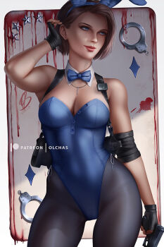 1girl animal_ears blood blue_eyes blue_leotard bow bowtie brown_hair capcom card fake_animal_ears female_focus gloves grin gun hair_pulled_back handcuff handgun jill_valentine leotard olchas pantyhose playboy_bunny playing_card rabbit_ears rabbit_girl resident_evil resident_evil_3:_nemesis resident_evil_3_(remake) smile solo standing thighs weapon