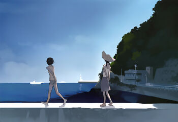 2girls absurdres arm_behind_back bare_shoulders black_theme braid day full_body hat highres huge_filesize landscape long_hair multiple_girls original outdoors pants purple_skirt shirt short_hair skirt sky slice_of_life standing takamichi tree twin_braids water yellow_shirt