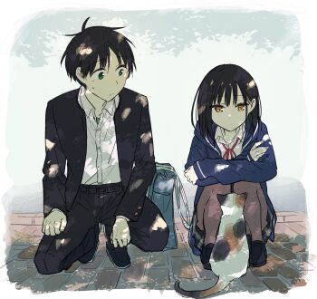 1boy 1girl akinoko_(noco916) bag black_footwear black_hair blue_jacket border brick_floor brown_pantyhose calico_(pattern) cat crossed_arms dappled_sunlight facing_viewer fading_border gakuran green_eyes green_shirt highres hood hooded_jacket jacket knees_up loafers medium_hair neck_ribbon nekozane_mugi on_one_knee outdoors pantyhose partially_unbuttoned plaid_clothes plaid_skirt pleated_skirt red_ribbon ribbon school_bag school_uniform seno_minato shirt shoes short_hair skirt sneakers squatting sunlight tonari_no_neko_to_koi_shirazu tree_shade undershirt_peek white_shirt wispy_bangs yellow_eyes