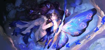 1girl absurdres armlet backless_dress backless_outfit bare_back bare_shoulders barefoot black_hair blue_background blue_butterfly blue_dress blue_veil blue_wings bug butterfly butterfly_wings dress fetal_position from_above full_body highres insect insect_wings isolde_(reverse:1999) jewelry long_hair looking_at_viewer lying makabakabakama official_alternate_costume on_side parted_lips purple_eyes reverse:1999 sleeveless sleeveless_dress solo veil very_long_hair wings